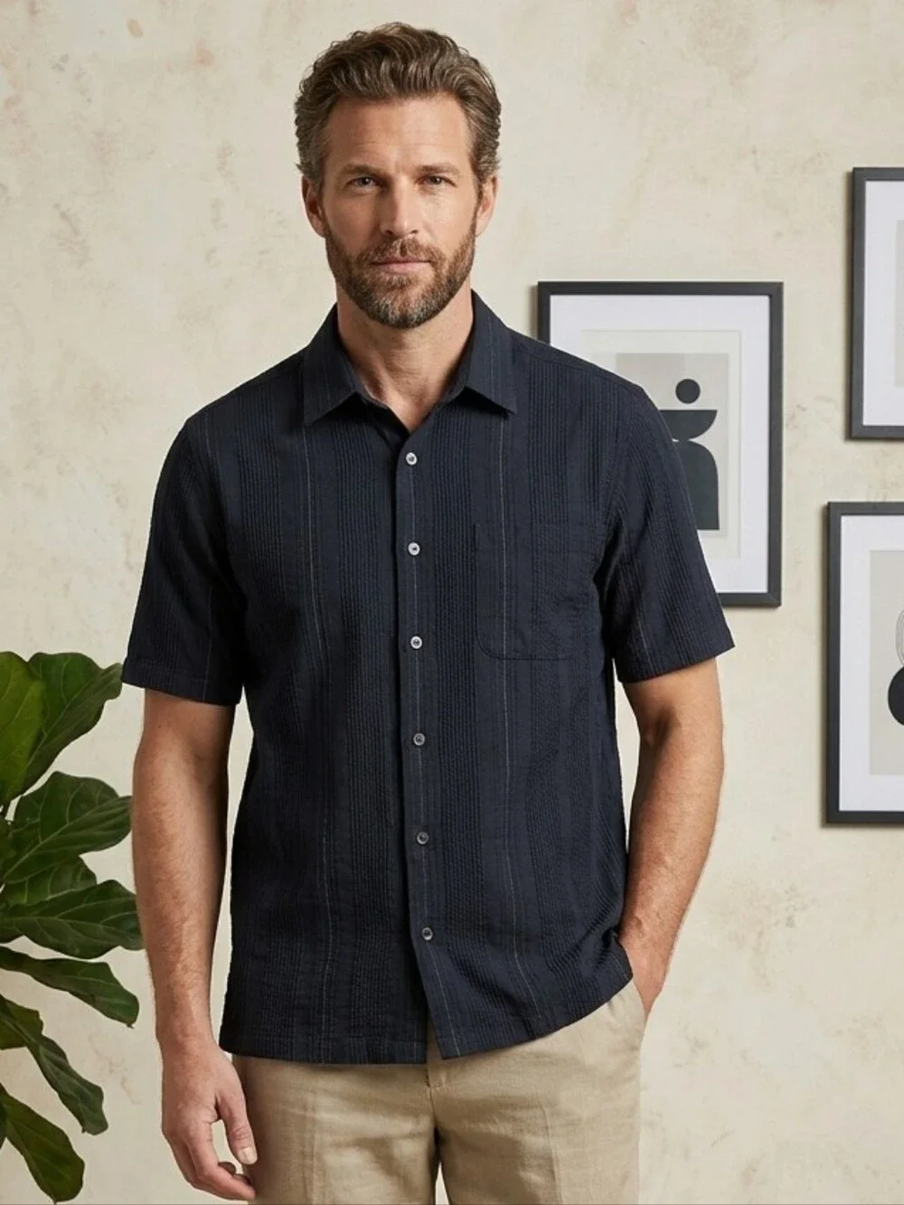 Perry Ellis Men's Black Short Sleeve Button Down Shirt Subtle Embossed Size XL - Picture 1 of 9